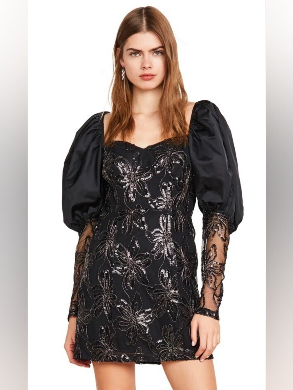 ROTATE Birger Christensen Number 27 Sequin Floral Puff Sleeve Mini Dress 38 NWT